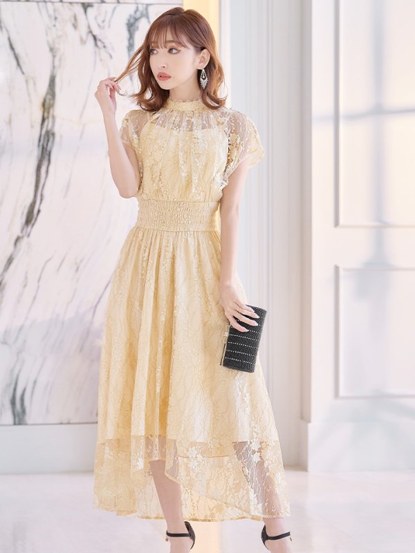 画像2: 【AMORA GRACE / アモーラグレース】 オケージョンドレス/ パーティードレス/ お呼ばれドレス/ 半袖/ 袖あり/ 総レース/ ハイネック/ タック/ ミディアム丈/ 膝丈/ ワンピース/ キャバドレス[OF05] (2)