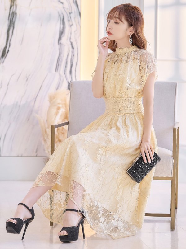 画像3: 【AMORA GRACE / アモーラグレース】 オケージョンドレス/ パーティードレス/ お呼ばれドレス/ 半袖/ 袖あり/ 総レース/ ハイネック/ タック/ ミディアム丈/ 膝丈/ ワンピース/ キャバドレス[OF05] (3)