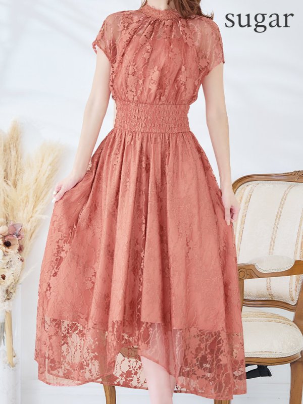 画像14: 【AMORA GRACE / アモーラグレース】 オケージョンドレス/ パーティードレス/ お呼ばれドレス/ 半袖/ 袖あり/ 総レース/ ハイネック/ タック/ ミディアム丈/ 膝丈/ ワンピース/ キャバドレス[OF05] (14)