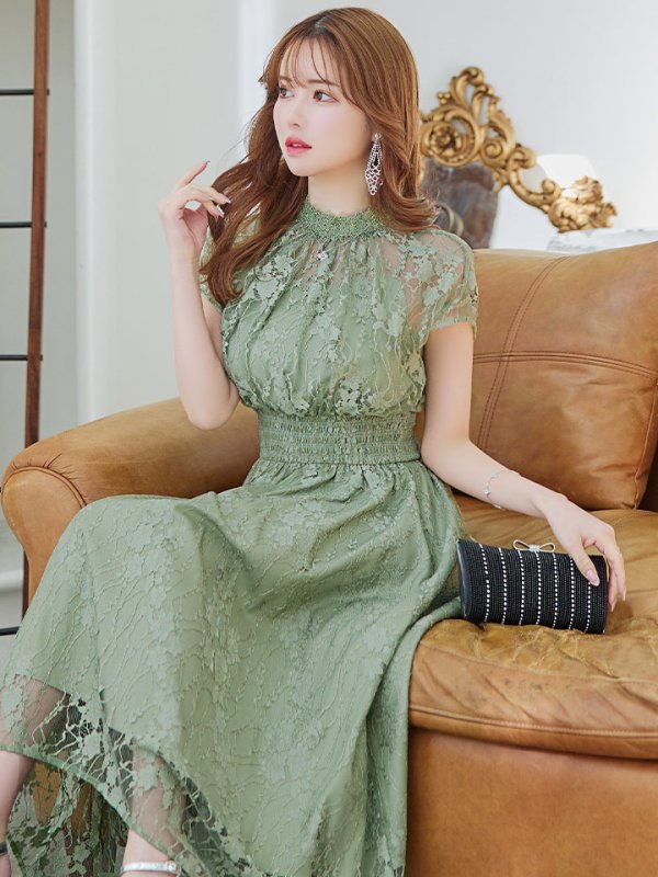 画像34: 【AMORA GRACE / アモーラグレース】 オケージョンドレス/ パーティードレス/ お呼ばれドレス/ 半袖/ 袖あり/ 総レース/ ハイネック/ タック/ ミディアム丈/ 膝丈/ ワンピース/ キャバドレス[OF05] (34)