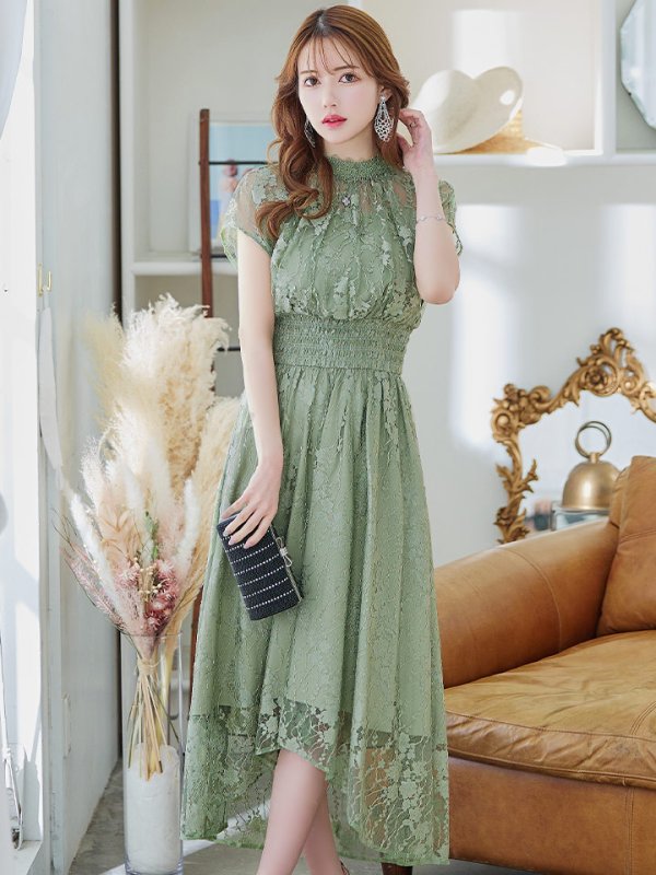 画像35: 【AMORA GRACE / アモーラグレース】 オケージョンドレス/ パーティードレス/ お呼ばれドレス/ 半袖/ 袖あり/ 総レース/ ハイネック/ タック/ ミディアム丈/ 膝丈/ ワンピース/ キャバドレス[OF05] (35)