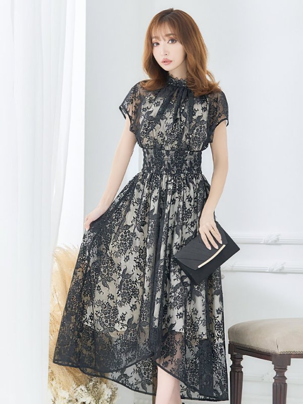 画像2: 【AMORA GRACE / アモーラグレース】 オケージョンドレス/ パーティードレス/ お呼ばれドレス/  総レース/ タック/ ハイネック/ ミモレ丈/ テールカット/ ワンピース/ キャバドレス[OF05] (2)