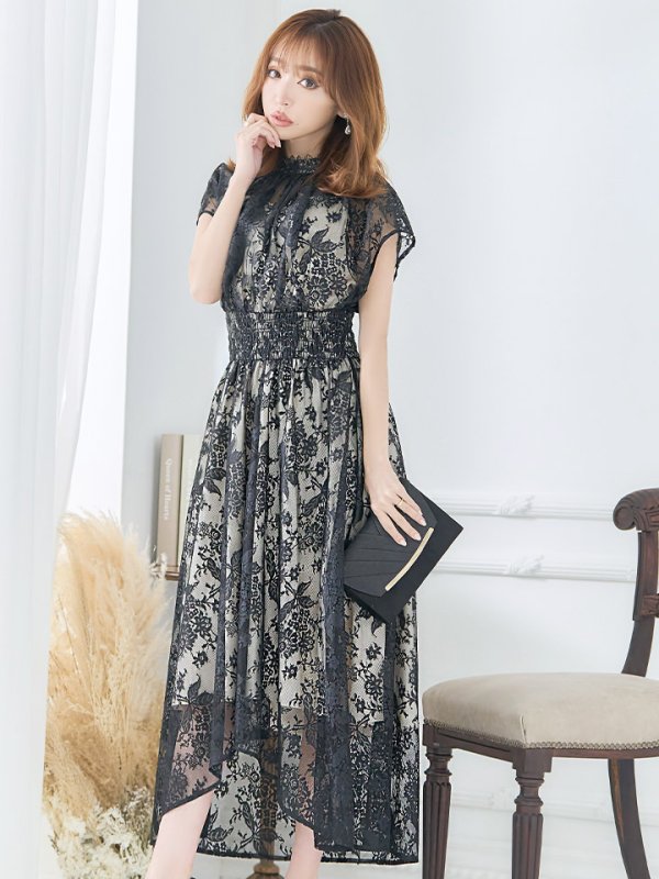 画像3: 【AMORA GRACE / アモーラグレース】 オケージョンドレス/ パーティードレス/ お呼ばれドレス/  総レース/ タック/ ハイネック/ ミモレ丈/ テールカット/ ワンピース/ キャバドレス[OF05] (3)