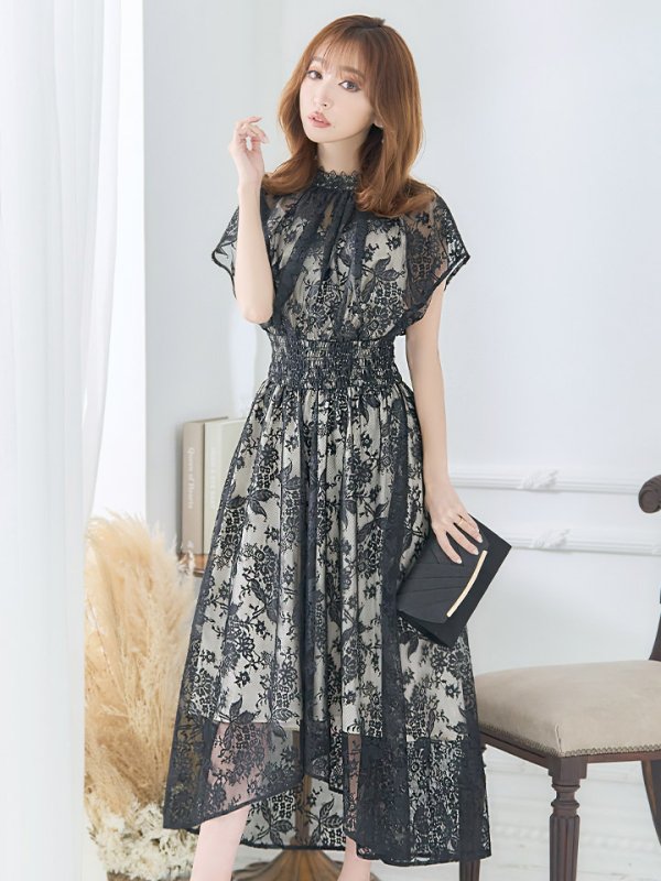 画像4: 【AMORA GRACE / アモーラグレース】 オケージョンドレス/ パーティードレス/ お呼ばれドレス/  総レース/ タック/ ハイネック/ ミモレ丈/ テールカット/ ワンピース/ キャバドレス[OF05] (4)