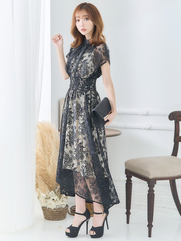 画像5: 【AMORA GRACE / アモーラグレース】 オケージョンドレス/ パーティードレス/ お呼ばれドレス/  総レース/ タック/ ハイネック/ ミモレ丈/ テールカット/ ワンピース/ キャバドレス[OF05] (5)