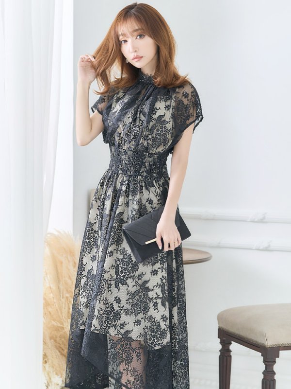 画像6: 【AMORA GRACE / アモーラグレース】 オケージョンドレス/ パーティードレス/ お呼ばれドレス/  総レース/ タック/ ハイネック/ ミモレ丈/ テールカット/ ワンピース/ キャバドレス[OF05] (6)