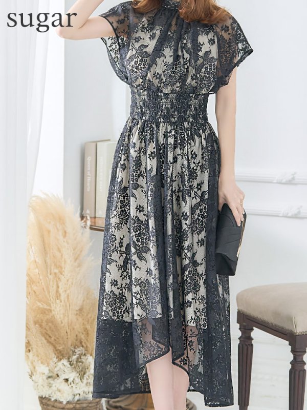 画像8: 【AMORA GRACE / アモーラグレース】 オケージョンドレス/ パーティードレス/ お呼ばれドレス/  総レース/ タック/ ハイネック/ ミモレ丈/ テールカット/ ワンピース/ キャバドレス[OF05] (8)