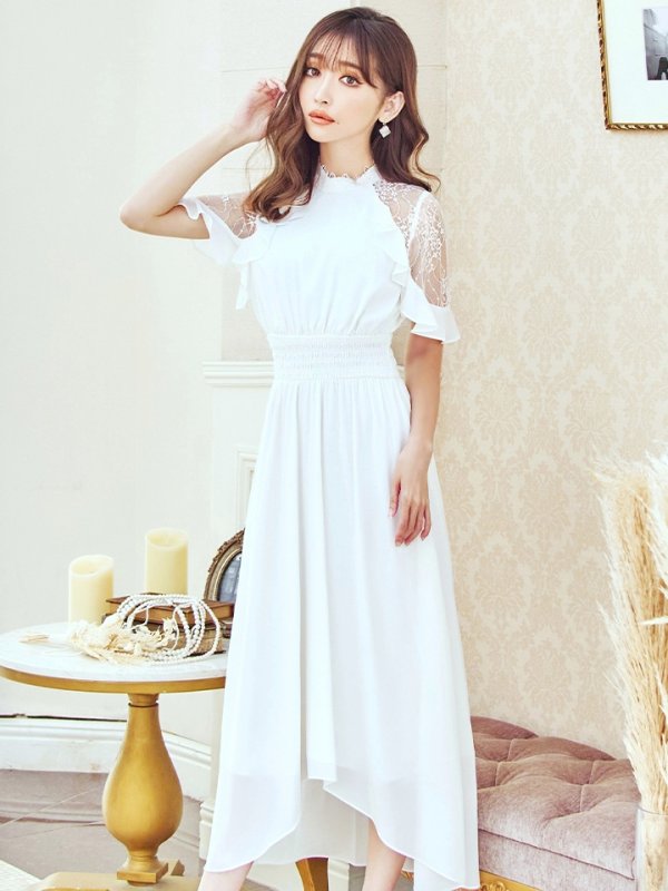 画像2: Lサイズあり【AMORA GRACE / アモーラグレース】 オケージョンドレス/ パーティードレス/ お呼ばれドレス/ ハイネック/ レース/ 袖あり/ Aライン/ ミモレ丈/ ワンピース/ キャバドレス[OF05] (2)