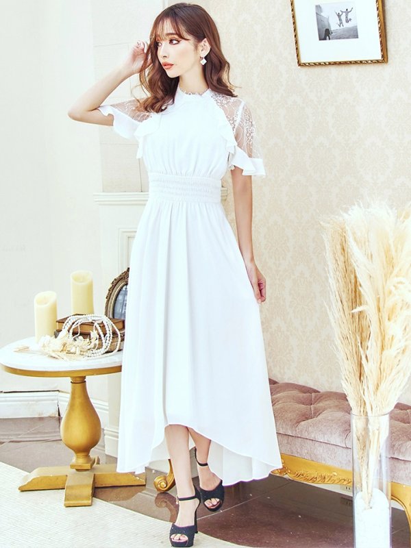 画像3: Lサイズあり【AMORA GRACE / アモーラグレース】 オケージョンドレス/ パーティードレス/ お呼ばれドレス/ ハイネック/ レース/ 袖あり/ Aライン/ ミモレ丈/ ワンピース/ キャバドレス[OF05] (3)