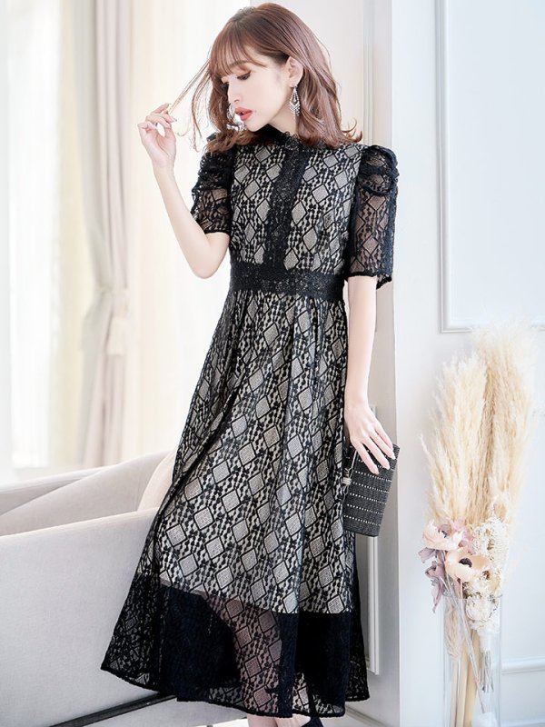 画像2: 【AMORA GRACE / アモーラグレース】 オケージョンドレス/ パーティードレス/ お呼ばれドレス/ 総レース/ パフスリーブ/ 袖あり/ 五分袖/ ミモレ丈/ ワンピース/ キャバドレス[OF05] (2)