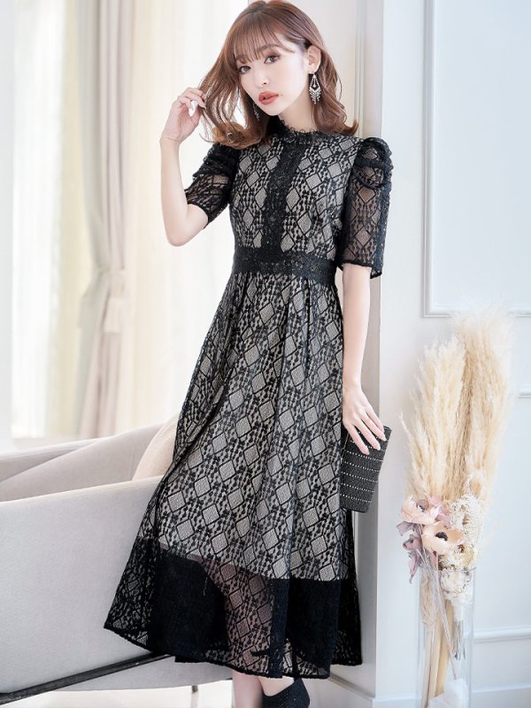 画像3: 【AMORA GRACE / アモーラグレース】 オケージョンドレス/ パーティードレス/ お呼ばれドレス/ 総レース/ パフスリーブ/ 袖あり/ 五分袖/ ミモレ丈/ ワンピース/ キャバドレス[OF05] (3)