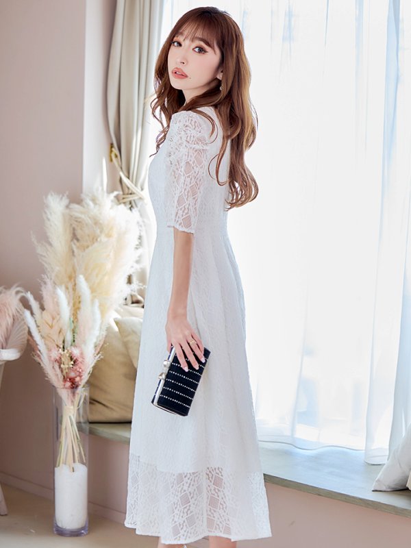 画像32: 【AMORA GRACE / アモーラグレース】 オケージョンドレス/ パーティードレス/ お呼ばれドレス/ 総レース/ パフスリーブ/ 袖あり/ 五分袖/ ミモレ丈/ ワンピース/ キャバドレス[OF05] (32)