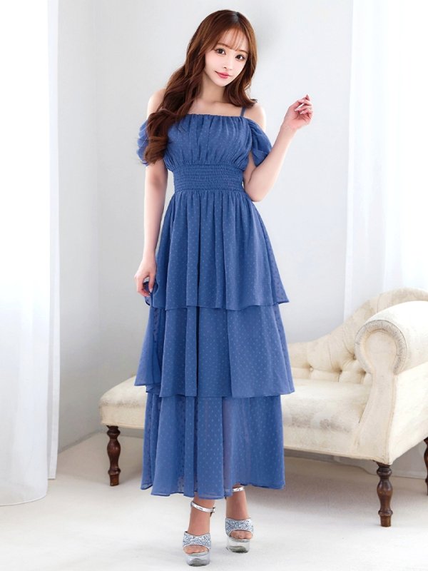 ブルー　モデル：真優川咲　身長：158cm　着用サイズ：8号(Sサイズ)