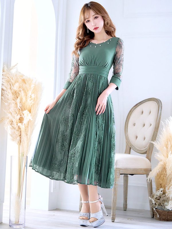 画像4: 【AMORA GRACE / アモーラグレース】 オケージョンドレス/ パーティードレス/ お呼ばれドレス/ プリーツ/ Aライン/ 総レース/ 袖あり/ 七分袖/ ミモレ丈/ ワンピース/ キャバドレス[OF05] (4)