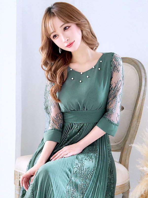 画像5: 【AMORA GRACE / アモーラグレース】 オケージョンドレス/ パーティードレス/ お呼ばれドレス/ プリーツ/ Aライン/ 総レース/ 袖あり/ 七分袖/ ミモレ丈/ ワンピース/ キャバドレス[OF05] (5)