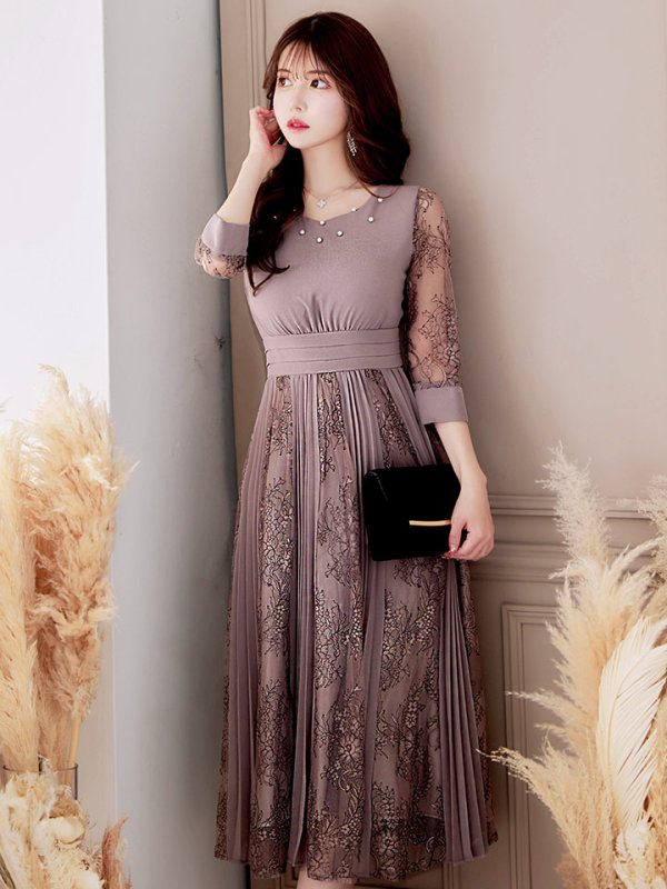 画像2: 【AMORA GRACE / アモーラグレース】 オケージョンドレス/ パーティードレス/ お呼ばれドレス/ プリーツ/ Aライン/ 総レース/ 袖あり/ 七分袖/ ミモレ丈/ ワンピース/ キャバドレス[OF05] (2)