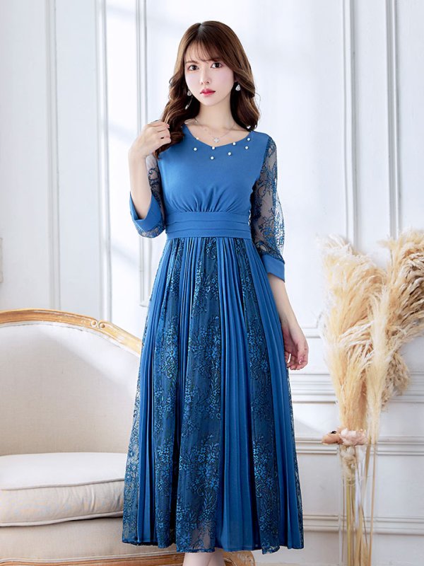 画像2: 【AMORA GRACE / アモーラグレース】 オケージョンドレス/ パーティードレス/ お呼ばれドレス/ プリーツ/ Aライン/ 総レース/ 袖あり/ 七分袖/ ミモレ丈/ ワンピース/ キャバドレス[OF05] (2)