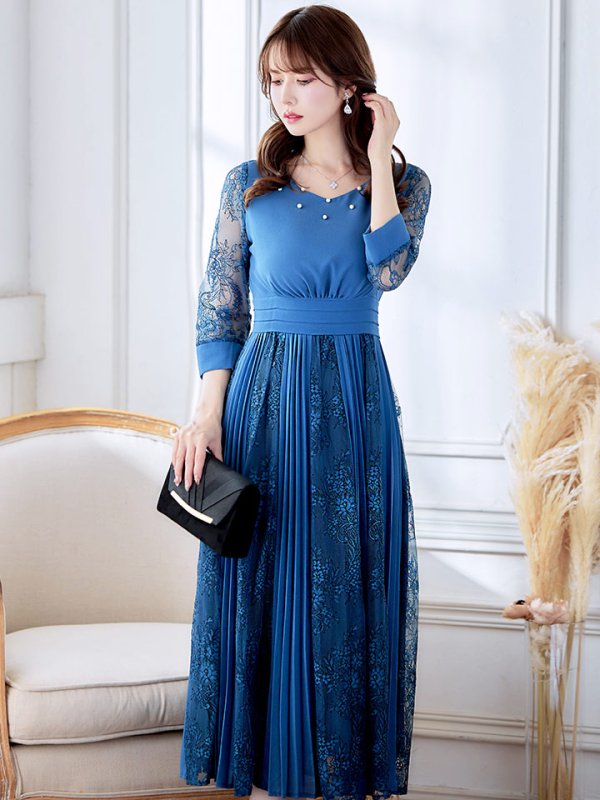 画像4: 【AMORA GRACE / アモーラグレース】 オケージョンドレス/ パーティードレス/ お呼ばれドレス/ プリーツ/ Aライン/ 総レース/ 袖あり/ 七分袖/ ミモレ丈/ ワンピース/ キャバドレス[OF05] (4)