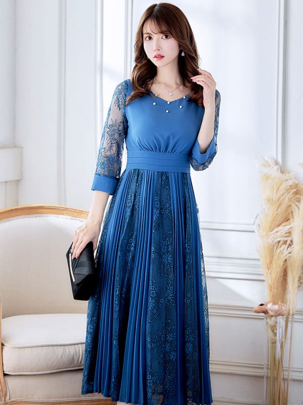 画像5: 【AMORA GRACE / アモーラグレース】 オケージョンドレス/ パーティードレス/ お呼ばれドレス/ プリーツ/ Aライン/ 総レース/ 袖あり/ 七分袖/ ミモレ丈/ ワンピース/ キャバドレス[OF05] (5)