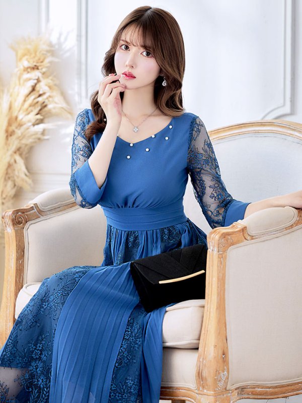 画像6: 【AMORA GRACE / アモーラグレース】 オケージョンドレス/ パーティードレス/ お呼ばれドレス/ プリーツ/ Aライン/ 総レース/ 袖あり/ 七分袖/ ミモレ丈/ ワンピース/ キャバドレス[OF05] (6)