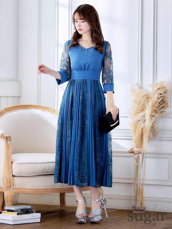 画像7: 【AMORA GRACE / アモーラグレース】 オケージョンドレス/ パーティードレス/ お呼ばれドレス/ プリーツ/ Aライン/ 総レース/ 袖あり/ 七分袖/ ミモレ丈/ ワンピース/ キャバドレス[OF05] (7)