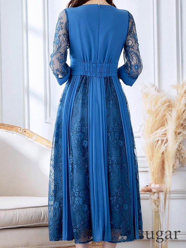 画像9: 【AMORA GRACE / アモーラグレース】 オケージョンドレス/ パーティードレス/ お呼ばれドレス/ プリーツ/ Aライン/ 総レース/ 袖あり/ 七分袖/ ミモレ丈/ ワンピース/ キャバドレス[OF05] (9)