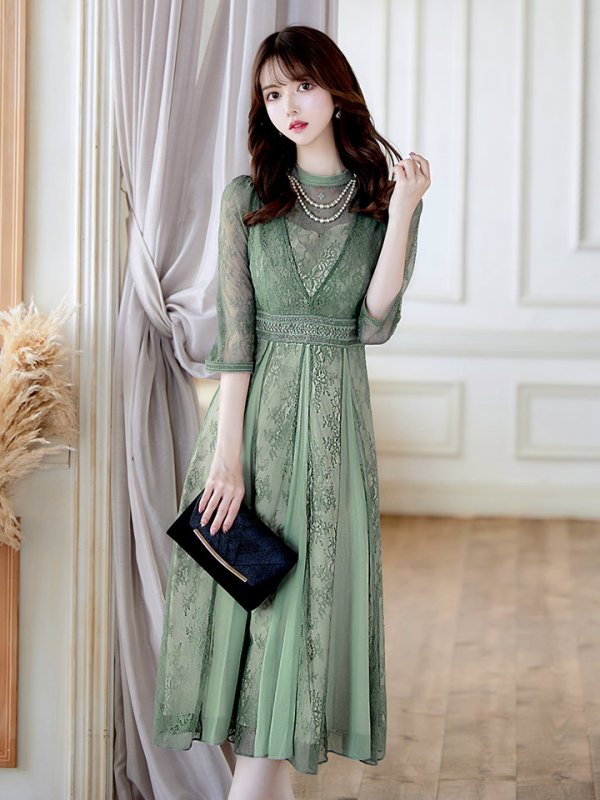 画像11: 【AMORA GRACE / アモーラグレース】 オケージョンドレス/ パーティードレス/ お呼ばれドレス/ アクセサリー付き/ 総レース/ 袖あり/ 七分袖/ ミモレ丈/ ワンピース/ キャバドレス[OF05] (11)