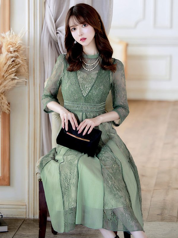 画像13: 【AMORA GRACE / アモーラグレース】 オケージョンドレス/ パーティードレス/ お呼ばれドレス/ アクセサリー付き/ 総レース/ 袖あり/ 七分袖/ ミモレ丈/ ワンピース/ キャバドレス[OF05] (13)