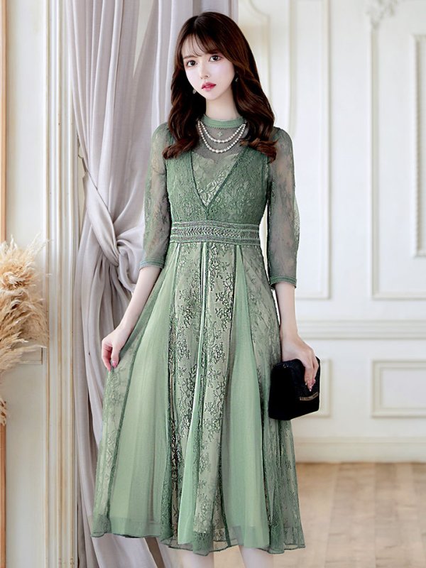 画像14: 【AMORA GRACE / アモーラグレース】 オケージョンドレス/ パーティードレス/ お呼ばれドレス/ アクセサリー付き/ 総レース/ 袖あり/ 七分袖/ ミモレ丈/ ワンピース/ キャバドレス[OF05] (14)