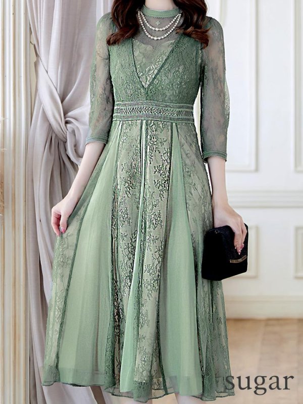 画像17: 【AMORA GRACE / アモーラグレース】 オケージョンドレス/ パーティードレス/ お呼ばれドレス/ アクセサリー付き/ 総レース/ 袖あり/ 七分袖/ ミモレ丈/ ワンピース/ キャバドレス[OF05] (17)