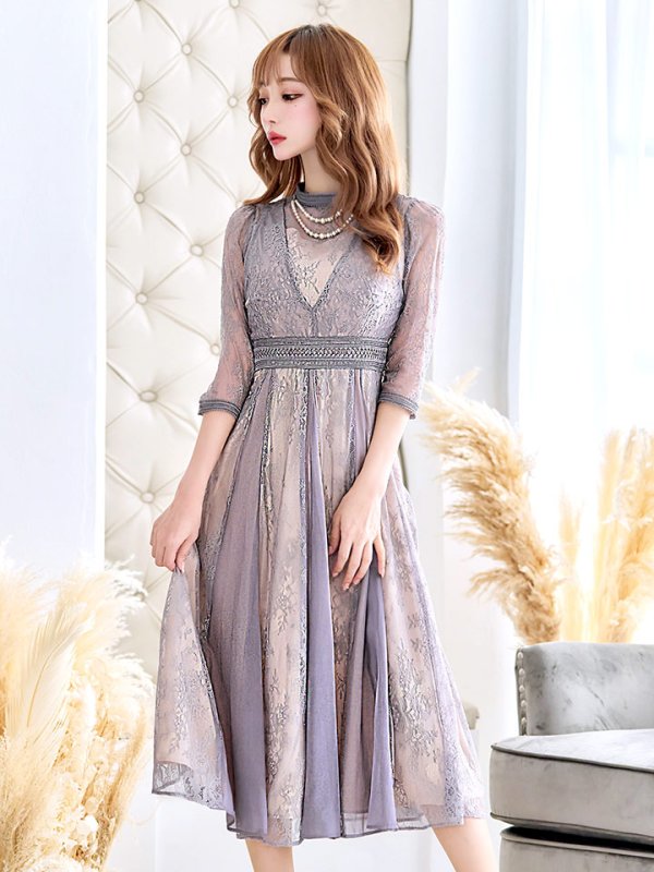 画像2: 【AMORA GRACE / アモーラグレース】 オケージョンドレス/ パーティードレス/ お呼ばれドレス/ アクセサリー付き/ 総レース/ 袖あり/ 七分袖/ ミモレ丈/ ワンピース/ キャバドレス[OF05] (2)