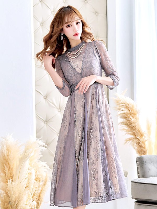 画像4: 【AMORA GRACE / アモーラグレース】 オケージョンドレス/ パーティードレス/ お呼ばれドレス/ アクセサリー付き/ 総レース/ 袖あり/ 七分袖/ ミモレ丈/ ワンピース/ キャバドレス[OF05] (4)