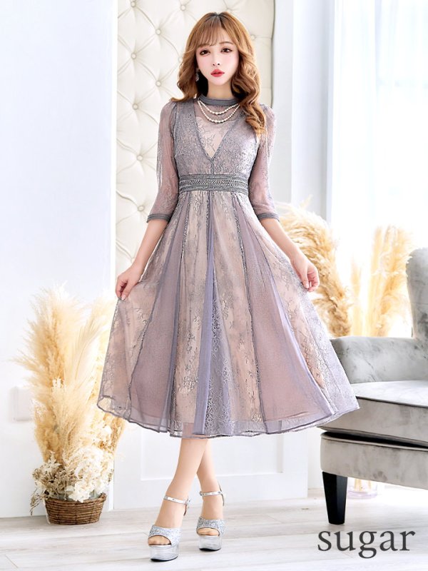 画像7: 【AMORA GRACE / アモーラグレース】 オケージョンドレス/ パーティードレス/ お呼ばれドレス/ アクセサリー付き/ 総レース/ 袖あり/ 七分袖/ ミモレ丈/ ワンピース/ キャバドレス[OF05] (7)