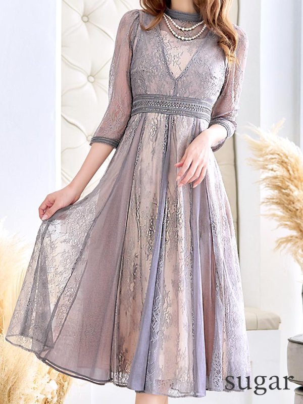 画像8: 【AMORA GRACE / アモーラグレース】 オケージョンドレス/ パーティードレス/ お呼ばれドレス/ アクセサリー付き/ 総レース/ 袖あり/ 七分袖/ ミモレ丈/ ワンピース/ キャバドレス[OF05] (8)