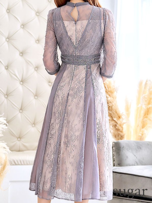 画像9: 【AMORA GRACE / アモーラグレース】 オケージョンドレス/ パーティードレス/ お呼ばれドレス/ アクセサリー付き/ 総レース/ 袖あり/ 七分袖/ ミモレ丈/ ワンピース/ キャバドレス[OF05] (9)