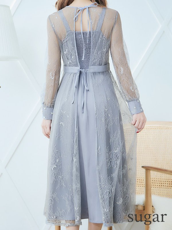 画像9: 【AMORA GRACE / アモーラグレース】 オケージョンドレス/ パーティードレス/ お呼ばれドレス/ アクセサリー付き/ 総レース/ 袖あり/ 長袖/ ミモレ丈/ ワンピース/ キャバドレス[OF05] (9)