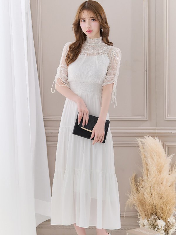 画像2: 【AMORA GRACE / アモーラグレース】 オケージョンドレス/ パーティードレス/ お呼ばれドレス/ ハイネック/ レース/ 袖あり/ Aライン/ ミモレ丈/ ワンピース/ キャバドレス[OF05] (2)