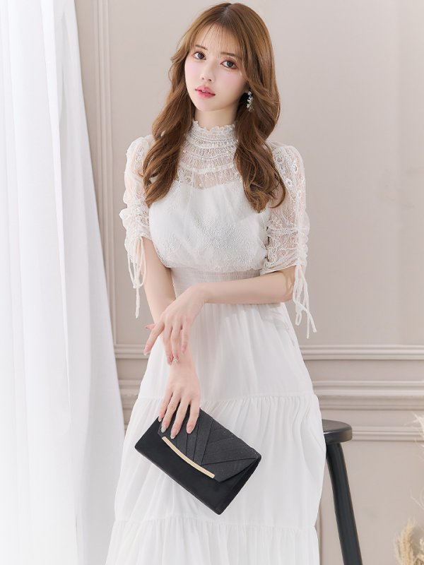 画像3: 【AMORA GRACE / アモーラグレース】 オケージョンドレス/ パーティードレス/ お呼ばれドレス/ ハイネック/ レース/ 袖あり/ Aライン/ ミモレ丈/ ワンピース/ キャバドレス[OF05] (3)