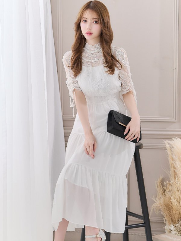 画像5: 【AMORA GRACE / アモーラグレース】 オケージョンドレス/ パーティードレス/ お呼ばれドレス/ ハイネック/ レース/ 袖あり/ Aライン/ ミモレ丈/ ワンピース/ キャバドレス[OF05] (5)