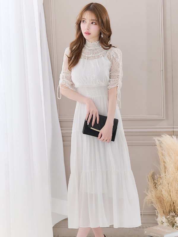 画像6: 【AMORA GRACE / アモーラグレース】 オケージョンドレス/ パーティードレス/ お呼ばれドレス/ ハイネック/ レース/ 袖あり/ Aライン/ ミモレ丈/ ワンピース/ キャバドレス[OF05] (6)