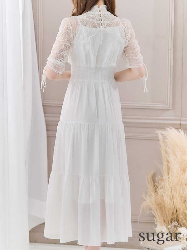 画像9: 【AMORA GRACE / アモーラグレース】 オケージョンドレス/ パーティードレス/ お呼ばれドレス/ ハイネック/ レース/ 袖あり/ Aライン/ ミモレ丈/ ワンピース/ キャバドレス[OF05] (9)