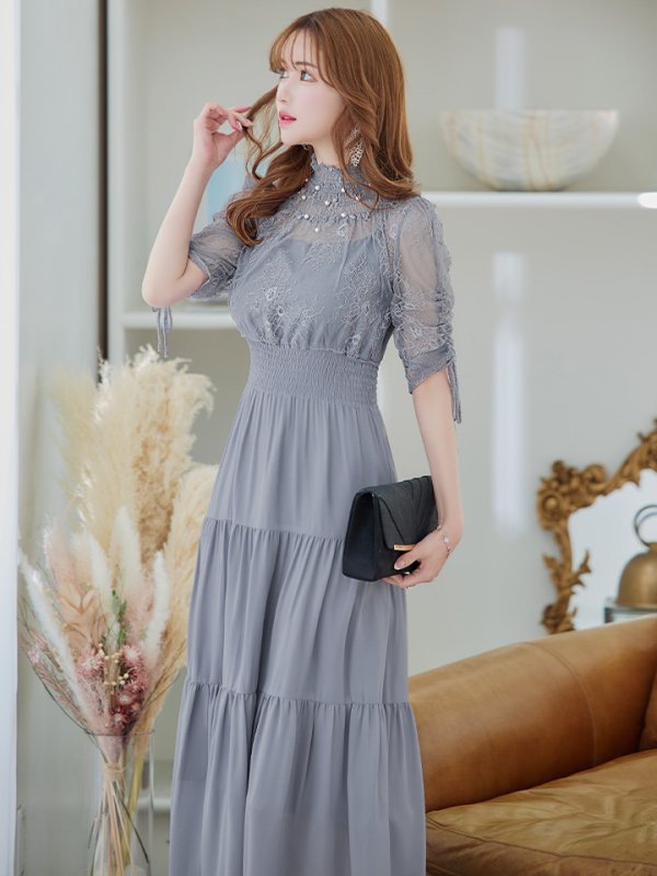 画像13: 【AMORA GRACE / アモーラグレース】 オケージョンドレス/ パーティードレス/ お呼ばれドレス/ ハイネック/ レース/ 袖あり/ Aライン/ ミモレ丈/ ワンピース/ キャバドレス[OF05] (13)