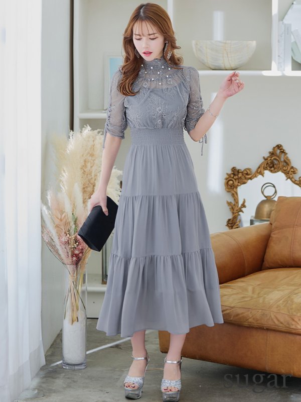 画像16: 【AMORA GRACE / アモーラグレース】 オケージョンドレス/ パーティードレス/ お呼ばれドレス/ ハイネック/ レース/ 袖あり/ Aライン/ ミモレ丈/ ワンピース/ キャバドレス[OF05] (16)