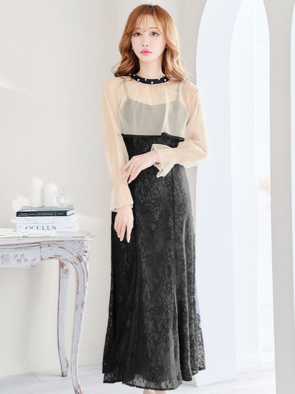 画像2: Lサイズあり【AMORA GRACE / アモーラグレース】 オケージョンドレス/ パーティードレス/ お呼ばれドレス/ 袖あり/ 長袖/ シアー/ パール/ ミモレ丈/ ワンピース/ キャバドレス[OF05] (2)