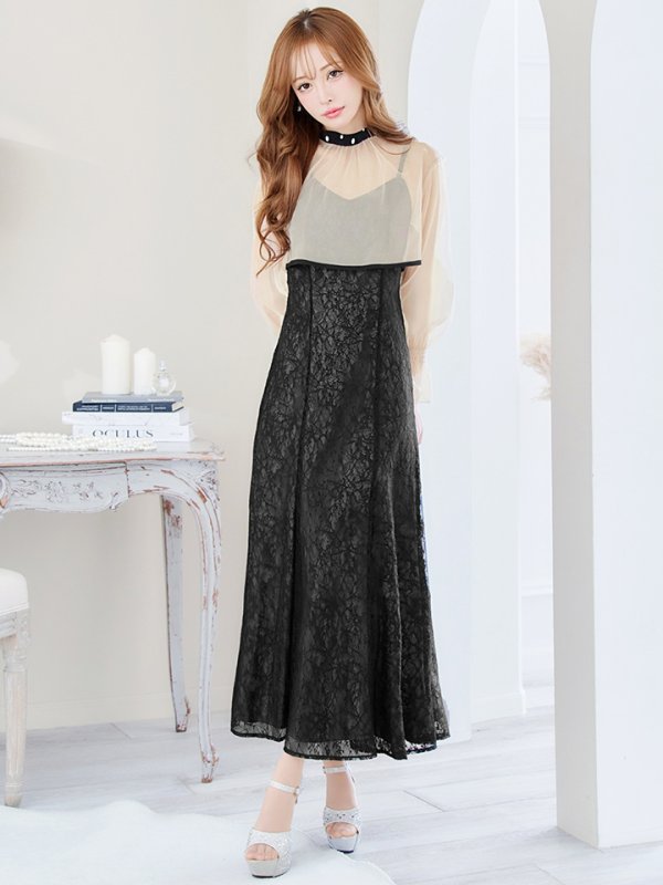 画像3: Lサイズあり【AMORA GRACE / アモーラグレース】 オケージョンドレス/ パーティードレス/ お呼ばれドレス/ 袖あり/ 長袖/ シアー/ パール/ ミモレ丈/ ワンピース/ キャバドレス[OF05] (3)