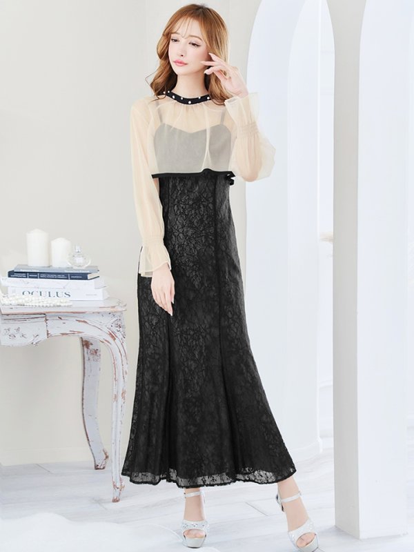 画像4: Lサイズあり【AMORA GRACE / アモーラグレース】 オケージョンドレス/ パーティードレス/ お呼ばれドレス/ 袖あり/ 長袖/ シアー/ パール/ ミモレ丈/ ワンピース/ キャバドレス[OF05] (4)