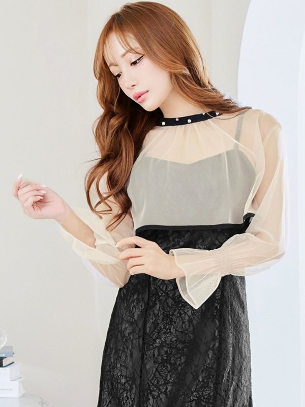 画像5: Lサイズあり【AMORA GRACE / アモーラグレース】 オケージョンドレス/ パーティードレス/ お呼ばれドレス/ 袖あり/ 長袖/ シアー/ パール/ ミモレ丈/ ワンピース/ キャバドレス[OF05] (5)