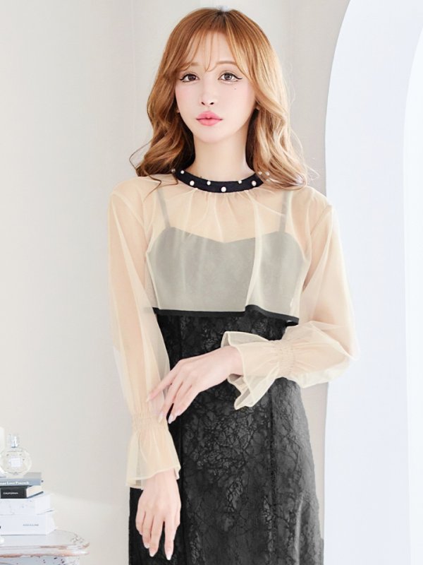 画像6: Lサイズあり【AMORA GRACE / アモーラグレース】 オケージョンドレス/ パーティードレス/ お呼ばれドレス/ 袖あり/ 長袖/ シアー/ パール/ ミモレ丈/ ワンピース/ キャバドレス[OF05] (6)