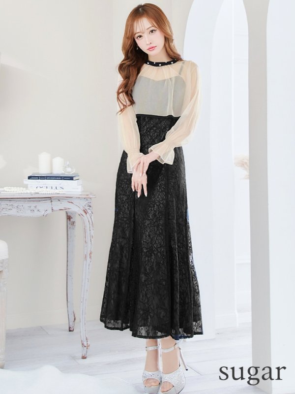 画像7: Lサイズあり【AMORA GRACE / アモーラグレース】 オケージョンドレス/ パーティードレス/ お呼ばれドレス/ 袖あり/ 長袖/ シアー/ パール/ ミモレ丈/ ワンピース/ キャバドレス[OF05] (7)