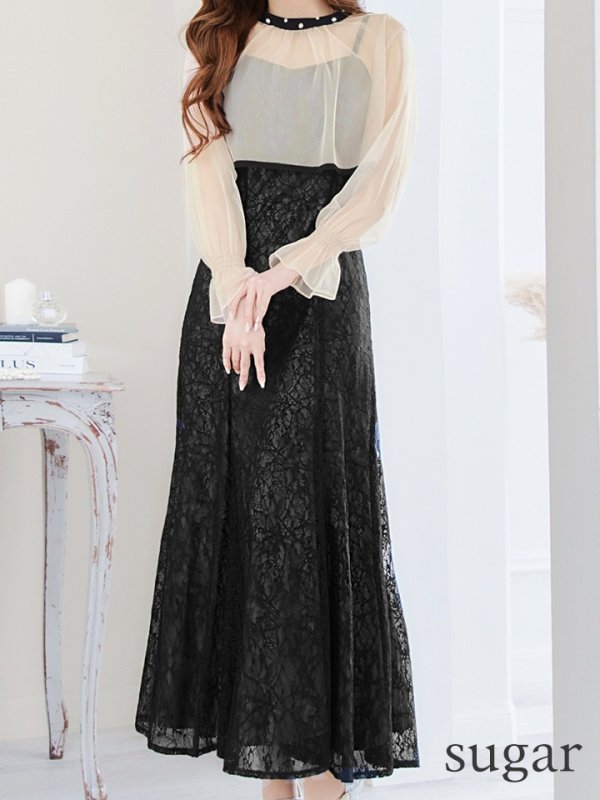 画像8: Lサイズあり【AMORA GRACE / アモーラグレース】 オケージョンドレス/ パーティードレス/ お呼ばれドレス/ 袖あり/ 長袖/ シアー/ パール/ ミモレ丈/ ワンピース/ キャバドレス[OF05] (8)